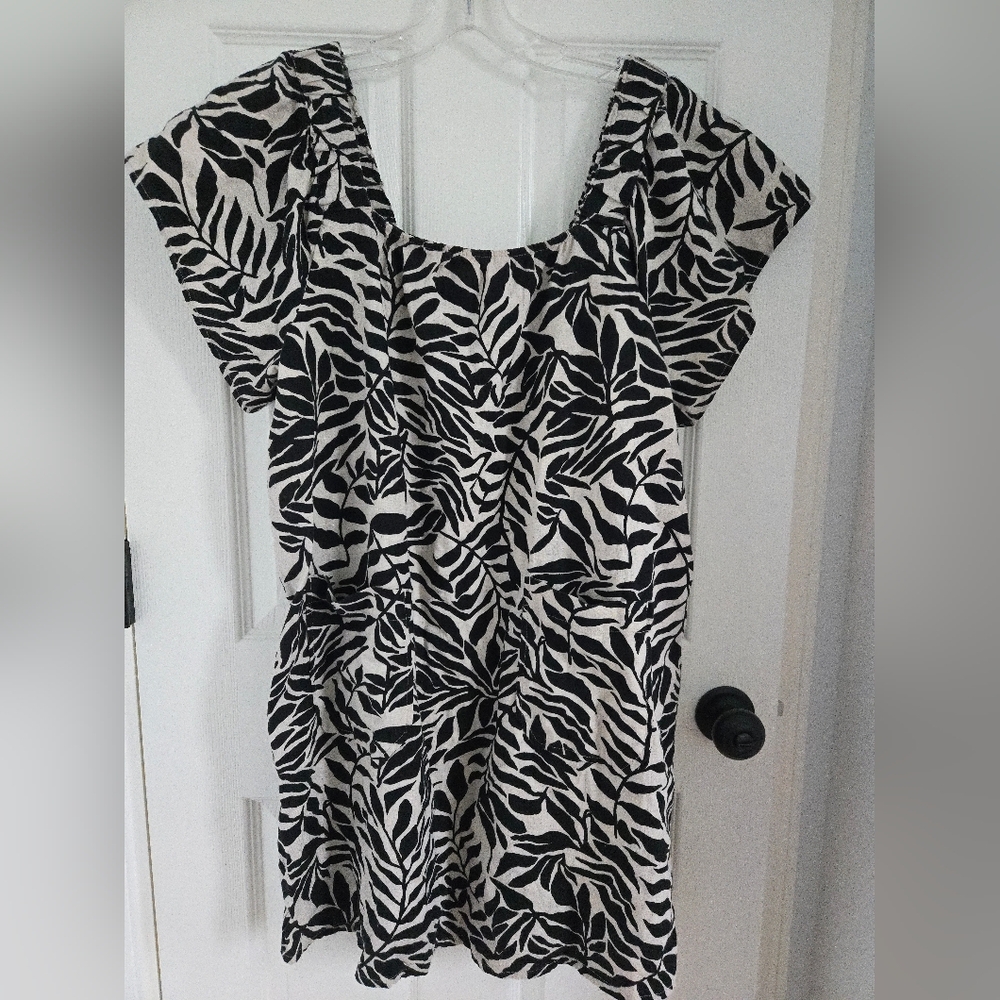 Linen Neutral Leaf Print Dress, Nicole Miller, Black And Tan, XL, Summer, Casual